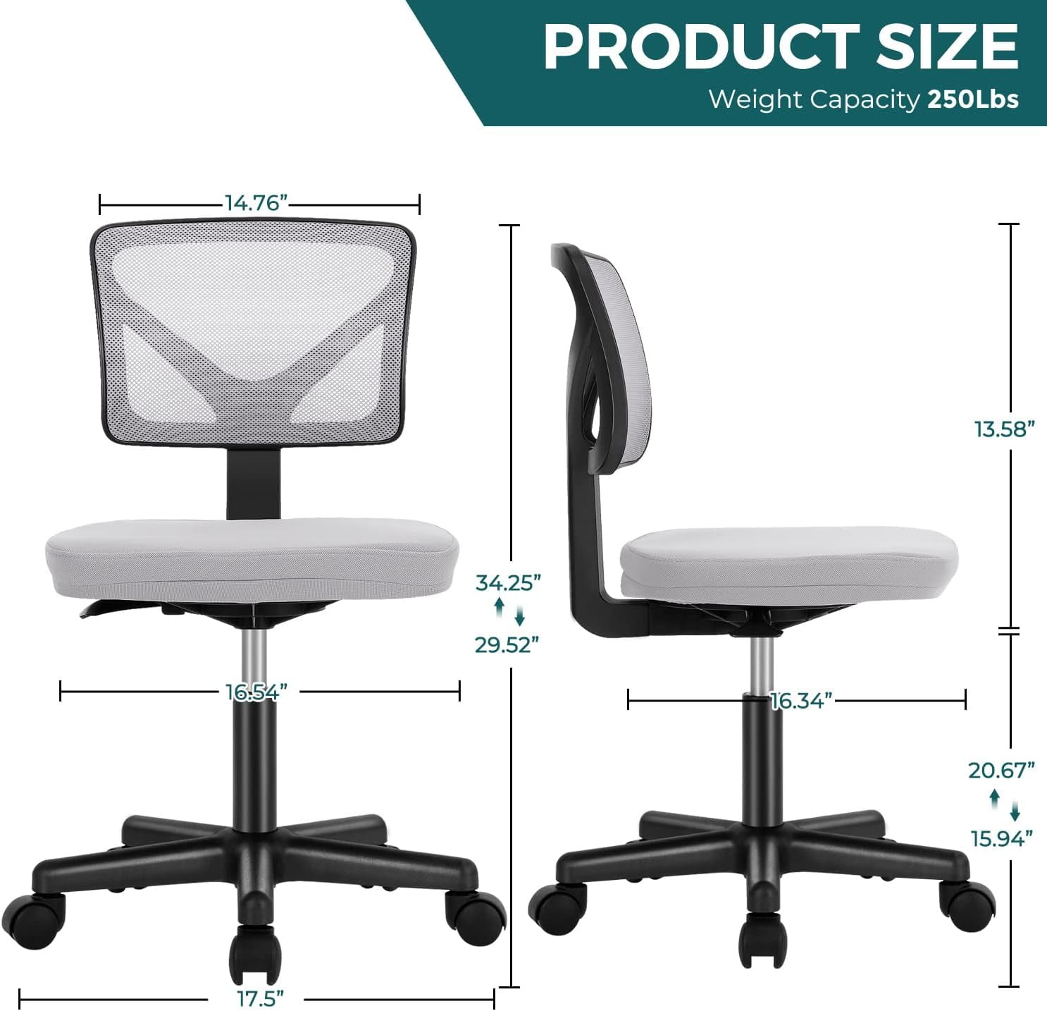 Nextay Armless Office Chair, Ergonomic Mesh Desk Chair with Swivel Wheels, Adjustable Height, Mid-Back Rolling Task Chair for Small Spaces
