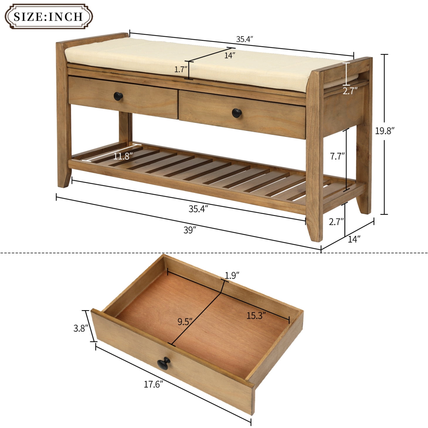 Upholstered Shoe Rack Bench with Cushioned Seat, Storage Drawers and Bottom Shelf, Wooden Entryway Shoe Bench with Legs, Narrow Rectangular Storage Bench for Entryway Laundry Room, Old Pine