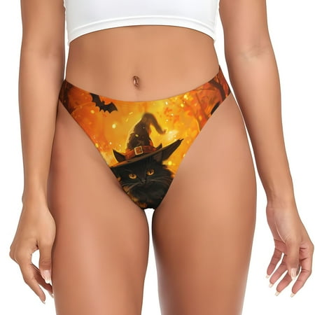 Thongs for Women - Halloween Bat Witch Hat Black Cat No Show Seamless Womens Thongs Underwear  Stretch G String Thongs for Women  Ladies Breathable Thong Bikini Panties Briefs
