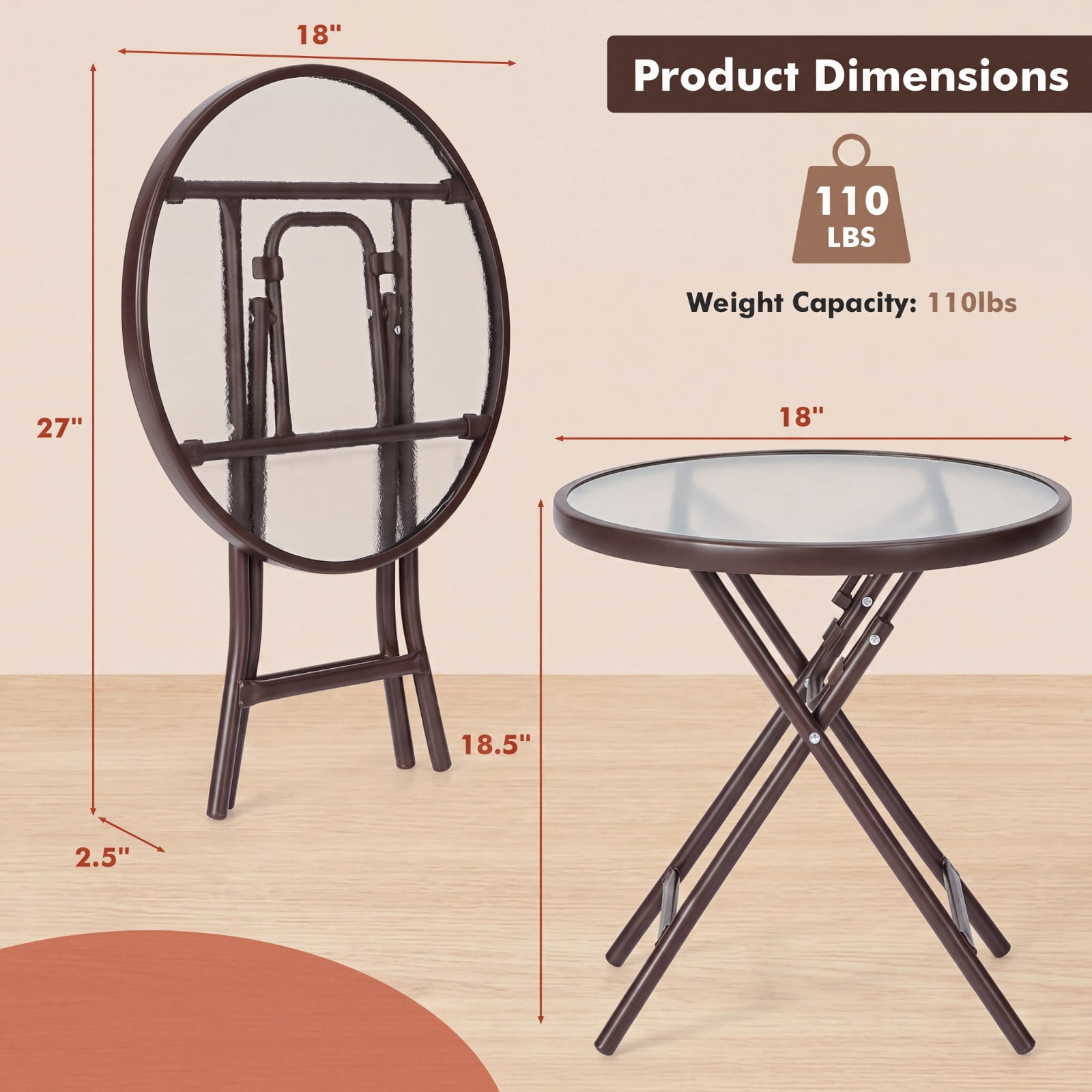 Furnibear Folding Patio Side Table with Tempered Glass Tabletop and Steel X Frame for Backyard Garden Poolside and Balcony, Black