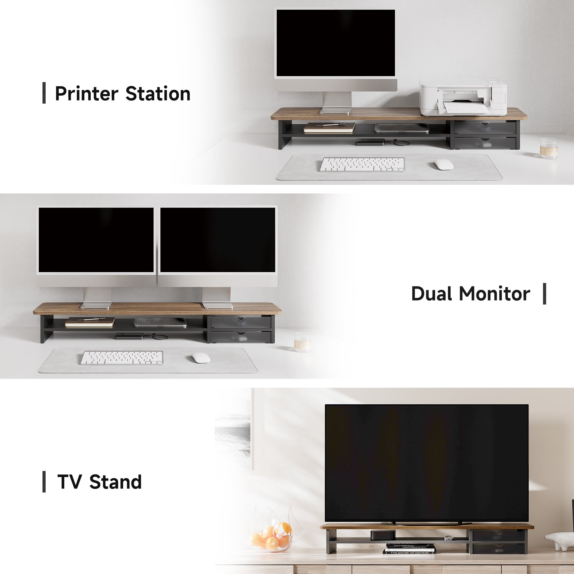 Fenge Monitor Stand, Dual Monitor Riser, 42.5inch Large Desk Computer Monitor Stand Riser with Drawer