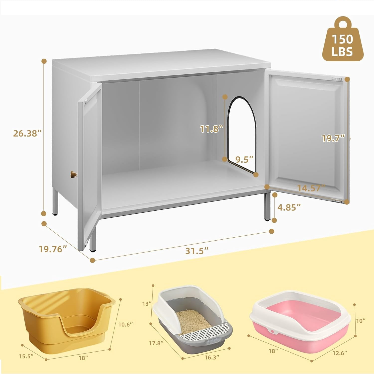 Metal Cat Litter Box Furniture with Barn Door, Fits Most Litter Boxes, White, Assembly Required
