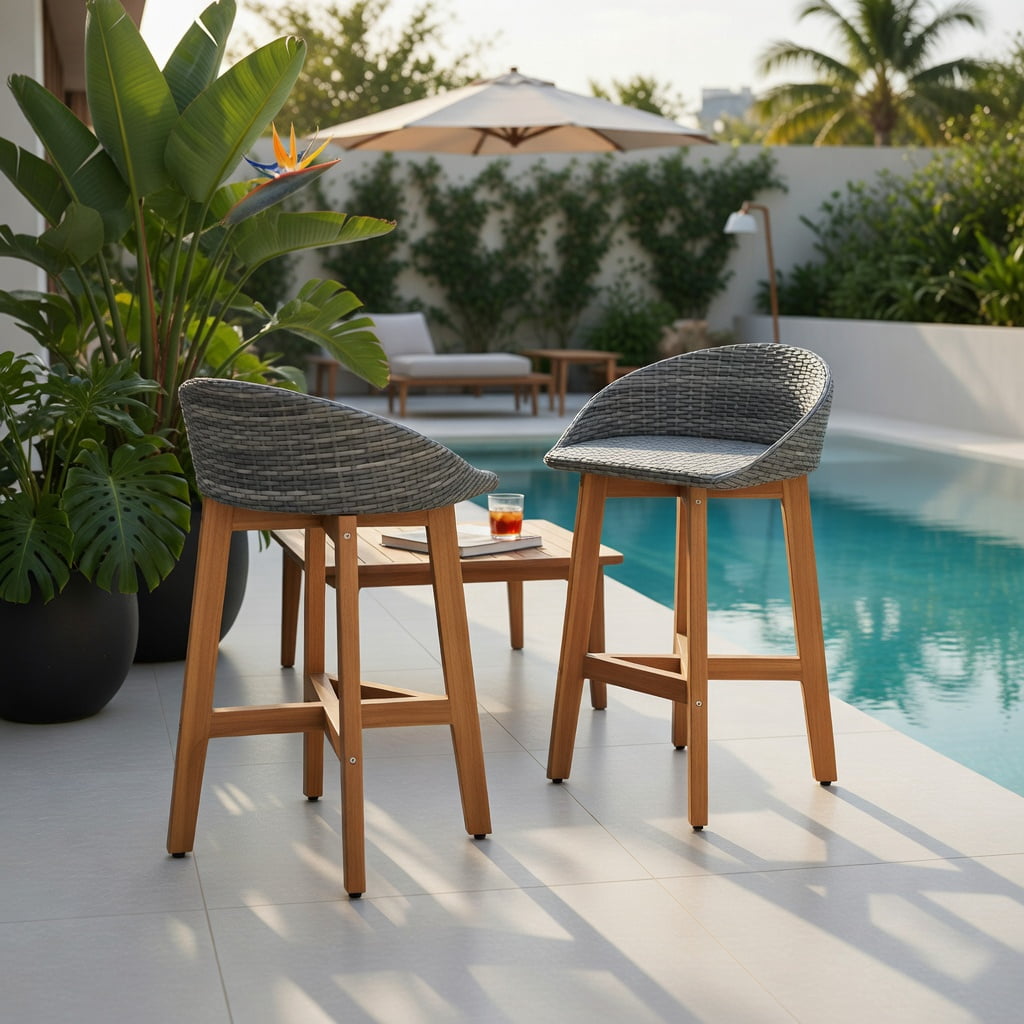 Hommoo 2-Piece Outdoor Bar Stool Set, PE Rattan & Solid Acacia Wood, Ergonomic Backrest, Footrest, Weather-Resistant, Natural