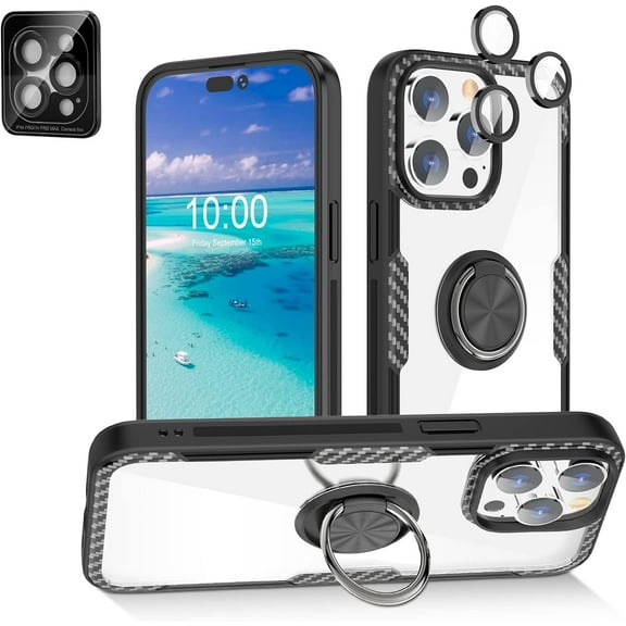 Designed for iPhone 14 Pro Max Case with 9H Tempered Glass Camera Screen Protector, Carbon Fiber Design Clear Crystal Anti-Scratch Case with Rotation Ring Kickstand for iPhone 14 Pro Max 6.7 inch