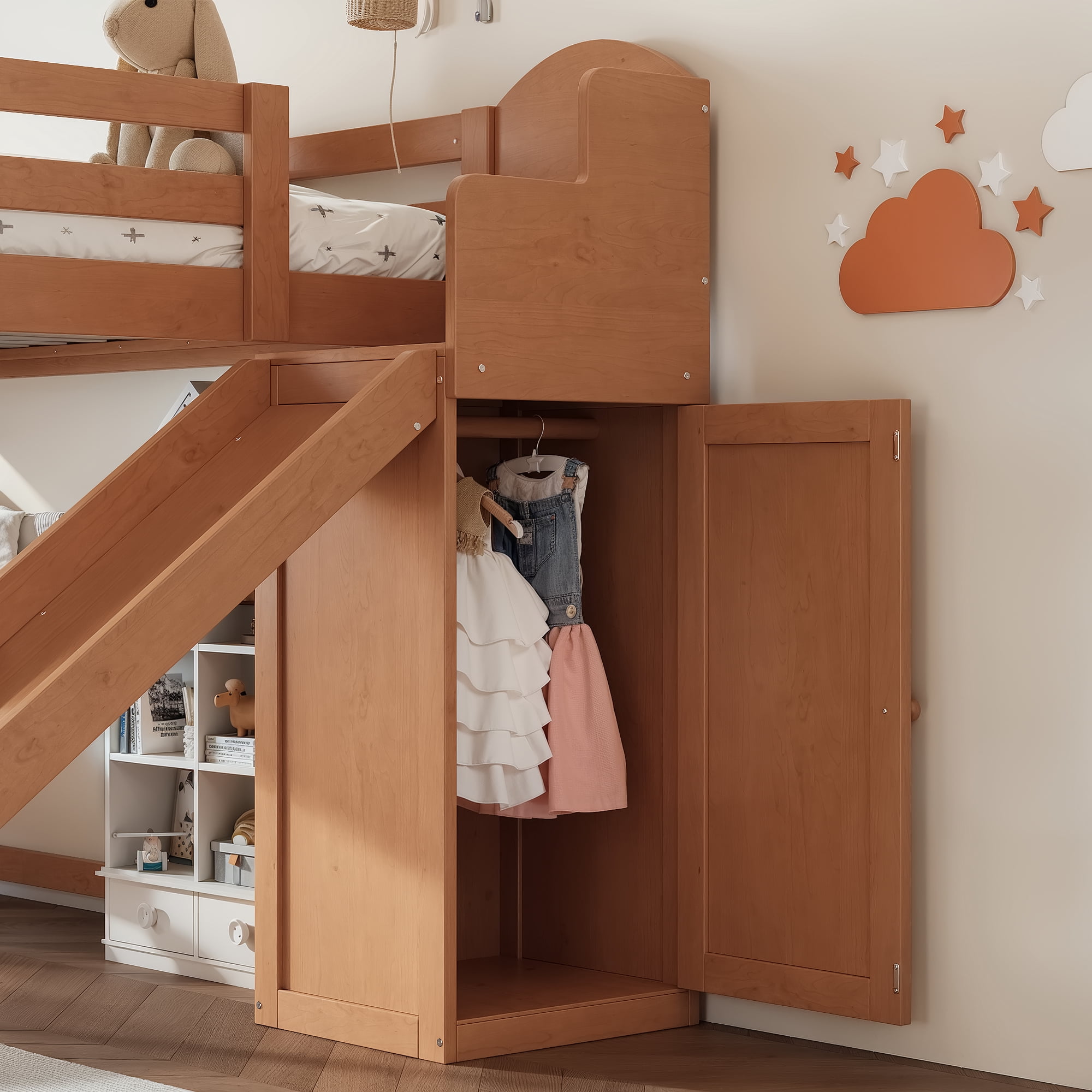 Leumius Full Loft Bed with Storage Stairs, Slide & Built-in Wardrobe, Stylish High Guardrail, Wood Loft Bed Frame for Bedroom,Dorms,Guests Walnut