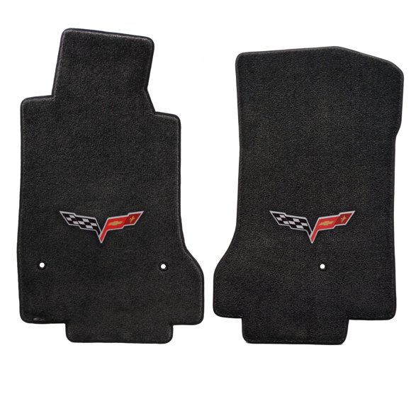 2008-2012 C6 Corvette Ebony Black Floor Mats with Flag Emblem - Driver & Passenger Set