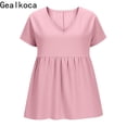 thumbnail image 2 of Gealkoca Womens T Shirts Ruffle Short Sleeve V Neck Casual Linen Tops Summer Fashion Clothes Women Linen Solid Color Pullover Pleated Beach Shirts, 2 of 5