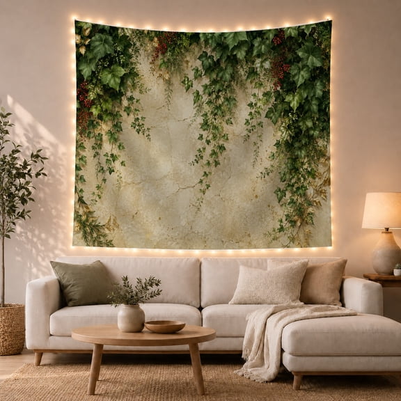 Green Ivy with Red Berries Over Weathered Stone Wall, Serene Rustic for Nature Lovers, Botanical Wall Art, Housewarming Gift, Tapestry Wall Hanging for Living Room and Bedroom