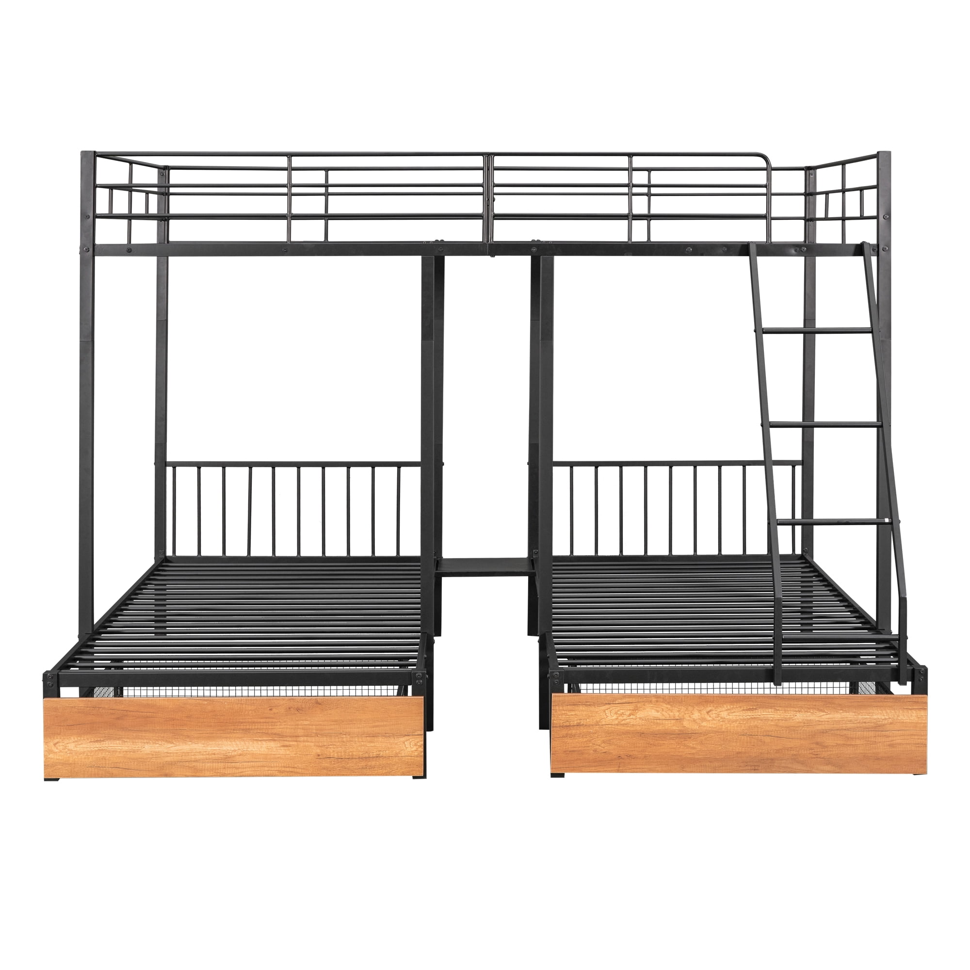 Mintazer Full Over Twin Over Twin Size Bunk Bed Frame with 2 Storage Drawers & Side Ladder, Triple Metal Bunk Bed with Guardrail, Can Be Split Into 3 Separate Beds, No Box Spring Needed, Black