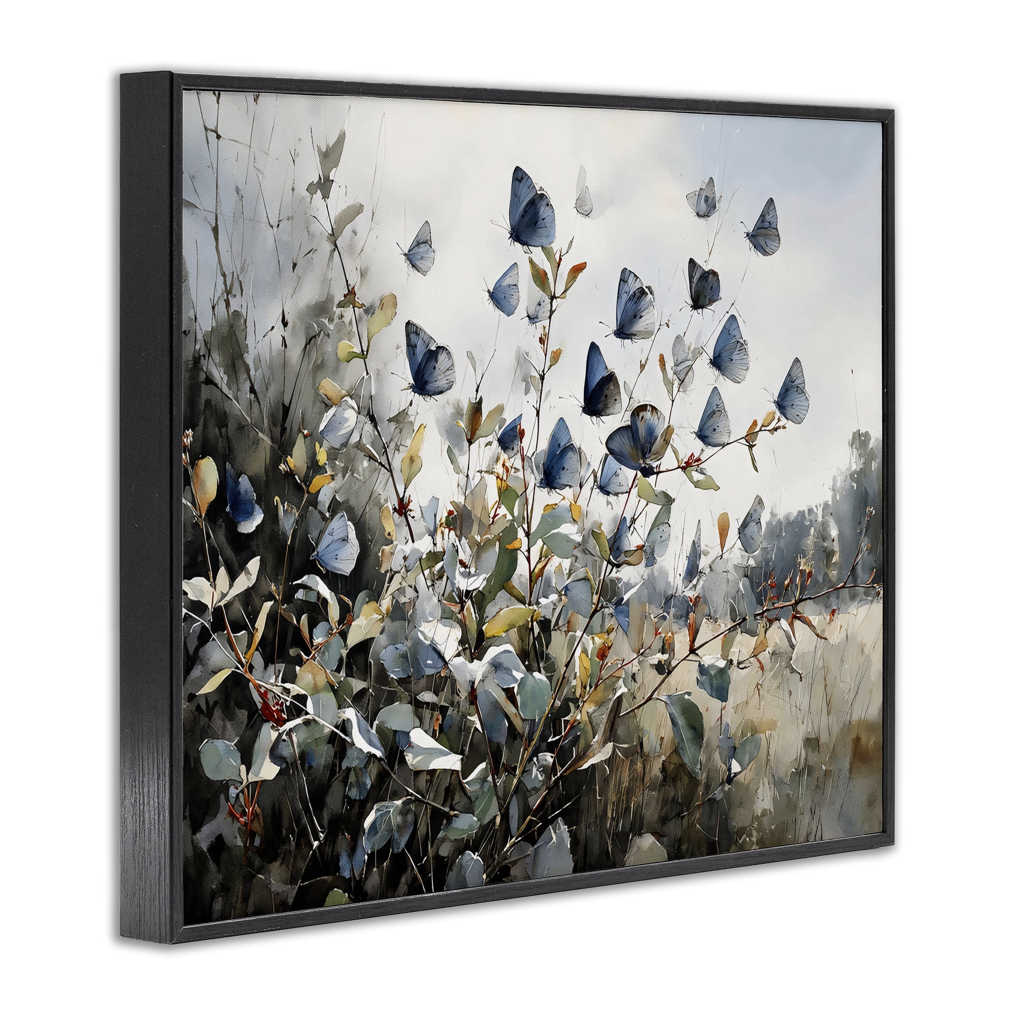Stupell Industries Blue Butterflies Among Meadow Leaves Black Framed Giclee Art, design by Franklyn Gregory