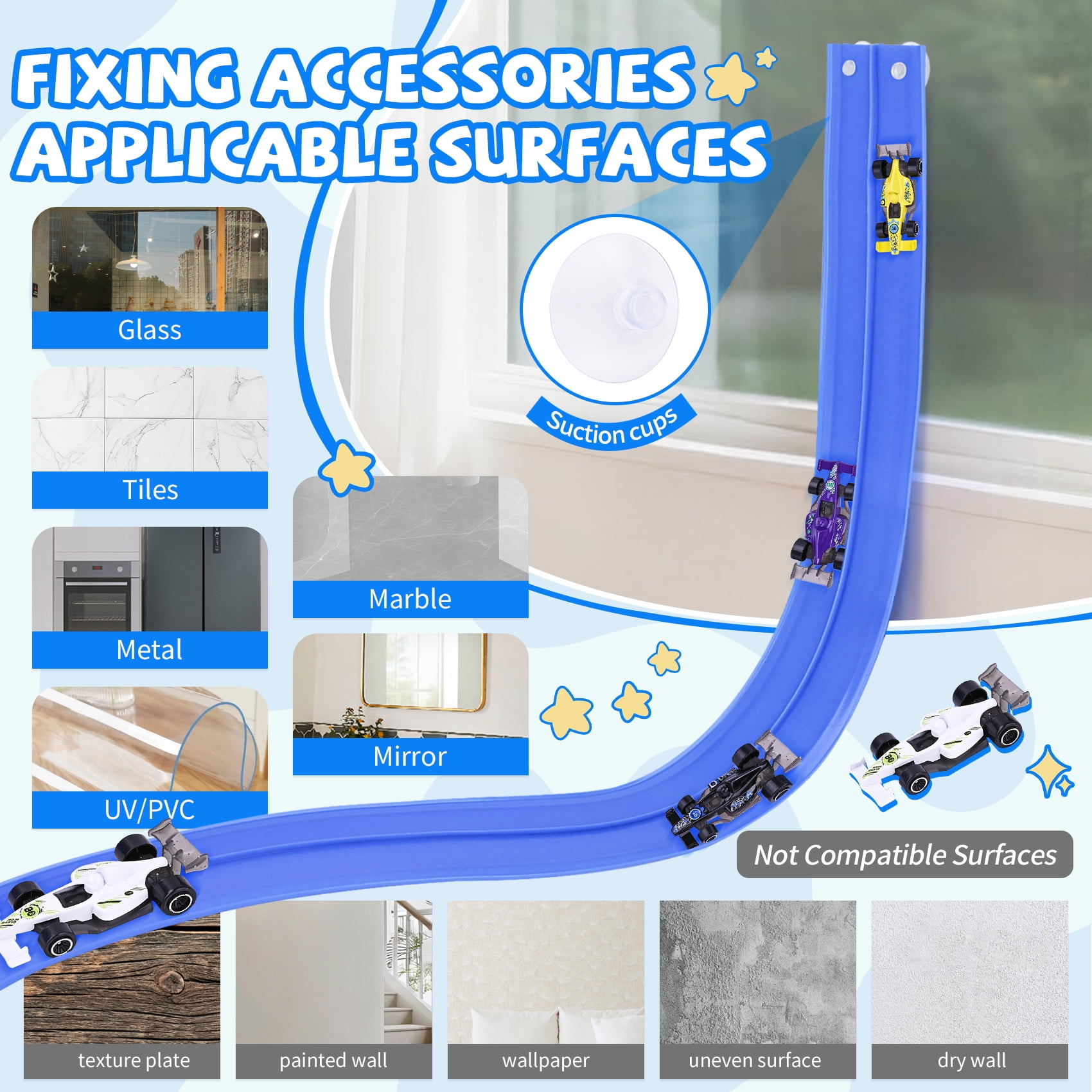 Flex Track 15 Ft Starter Set, Flexible Race Car Ramp Track for Ages 3 & Up with Suction Cups Compatible with Hot Wheels and Diecast 1/64th Cars