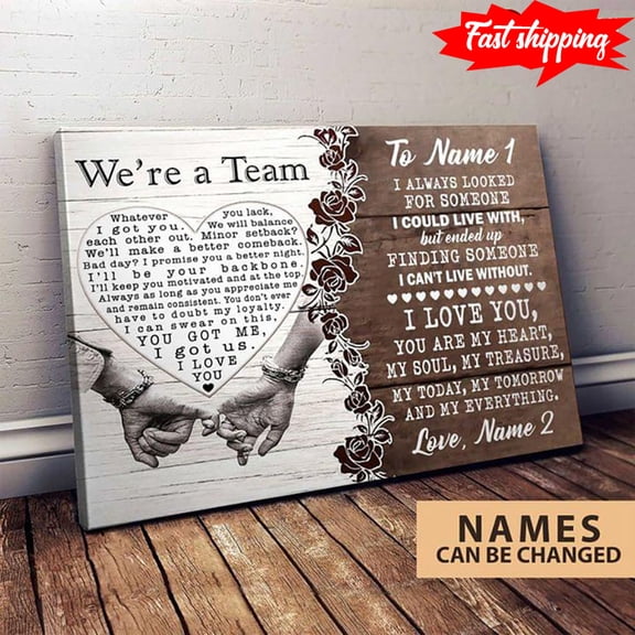 Personalized Name Couple With One-finger Hold We're A Team With Heart Typography I Always Looked For Someone I Could Live With 11 x 17 Inch Poster