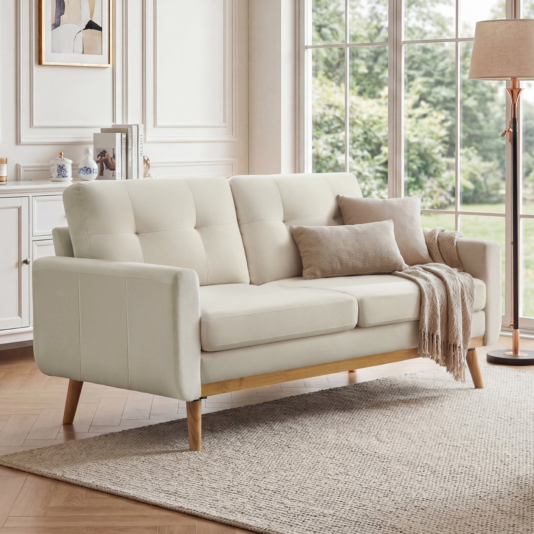 Ebello 2-Seater Sofa with Detachable Back Cushion, Fabric Upholstered Loveseat with Soft Seat Cushion for Living Room, Apartment, Office – 3 Colors (Beige)