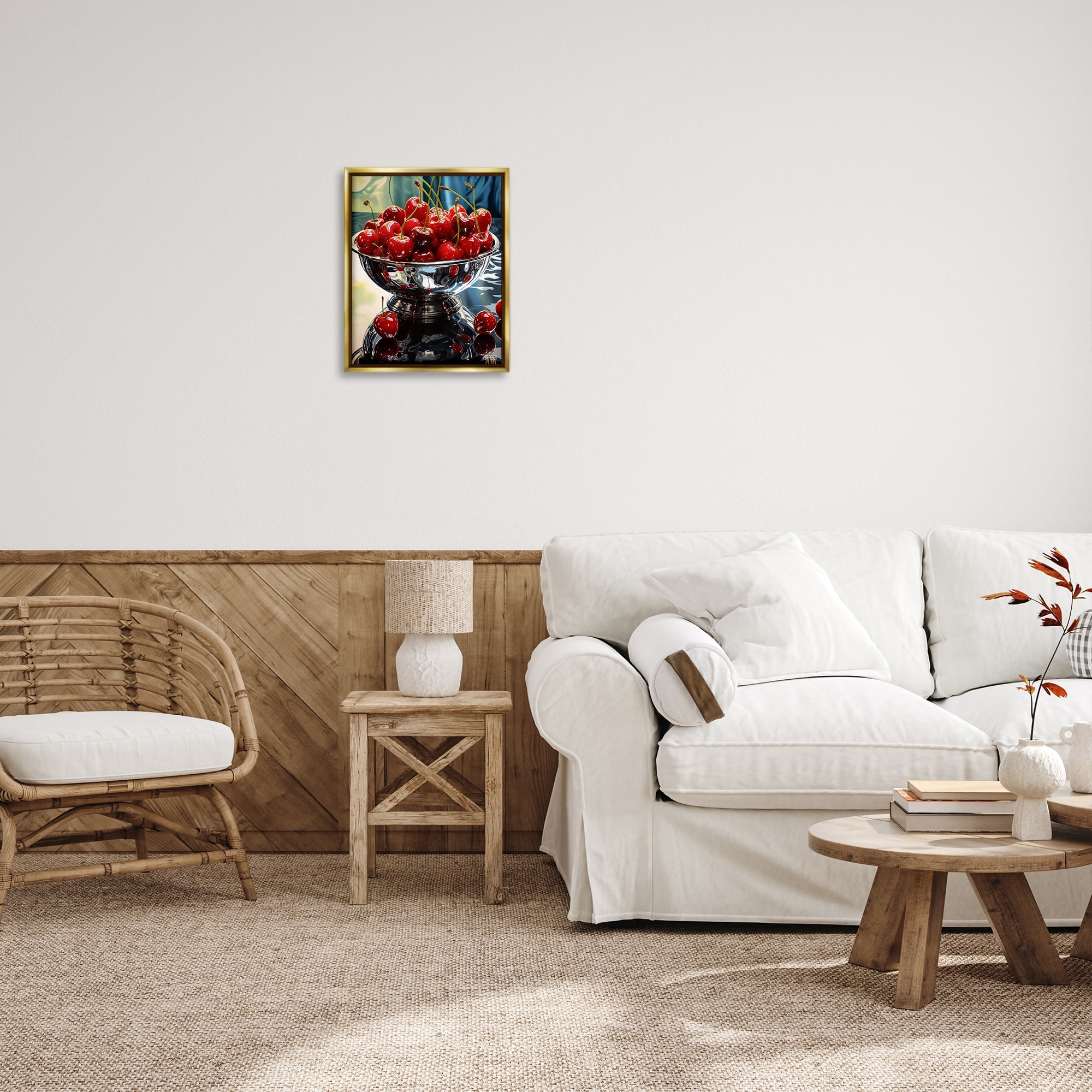 Stupell Industries Bowl of Cherries Reflection Food & Beverage Painting Gold Floater Framed Canvas Art Print Wall Art, 17 x 21