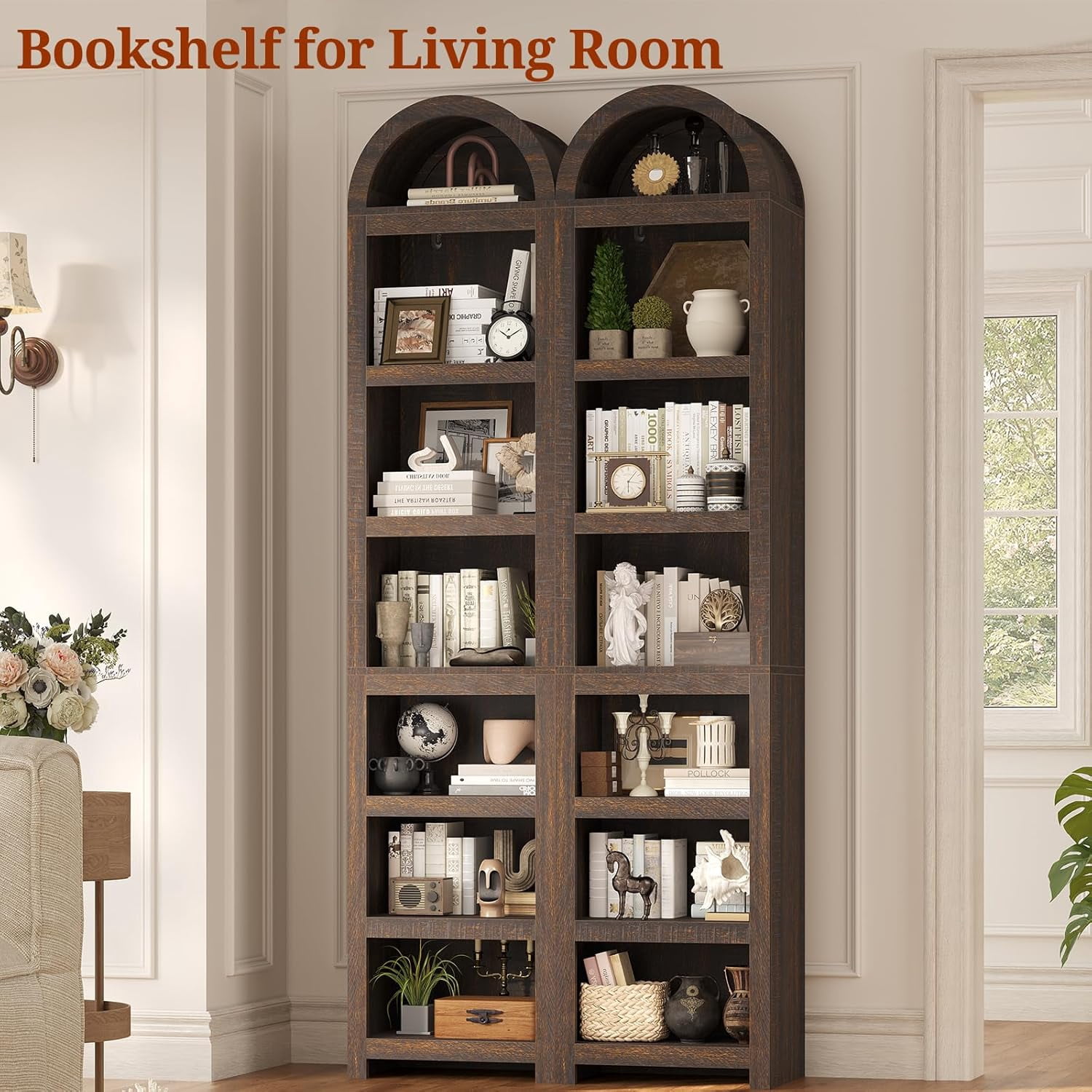 76" Tall Narrow Arched Bookcase, 7-Teir Mid-Century Modern Bookshelf with Adjustable Shelves for Living Room, Home Office, Walnut
