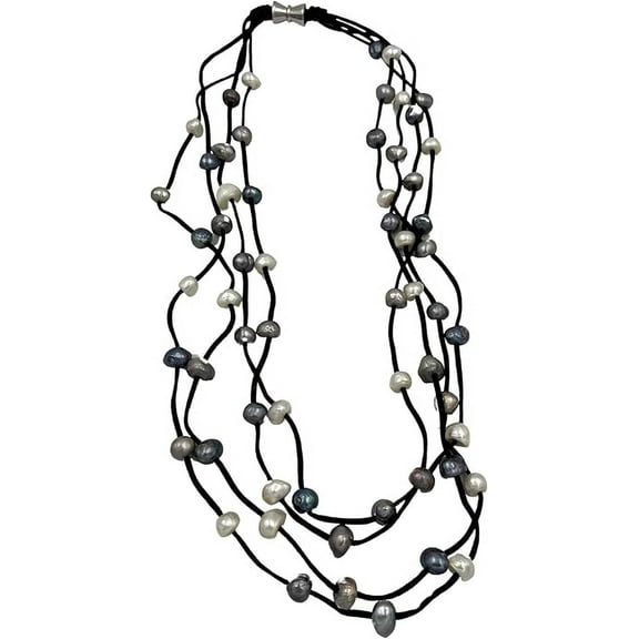 Suzannes Jewelry Multi-Strand Freshwater Cultured Pearl Necklace, 28 in Leather Cord, Magnetic Closure