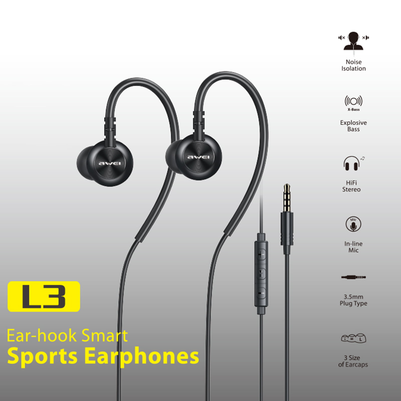 Wired Control Stereo Ear Hook Sport Earphones Headset Running Headphone Earpiece 