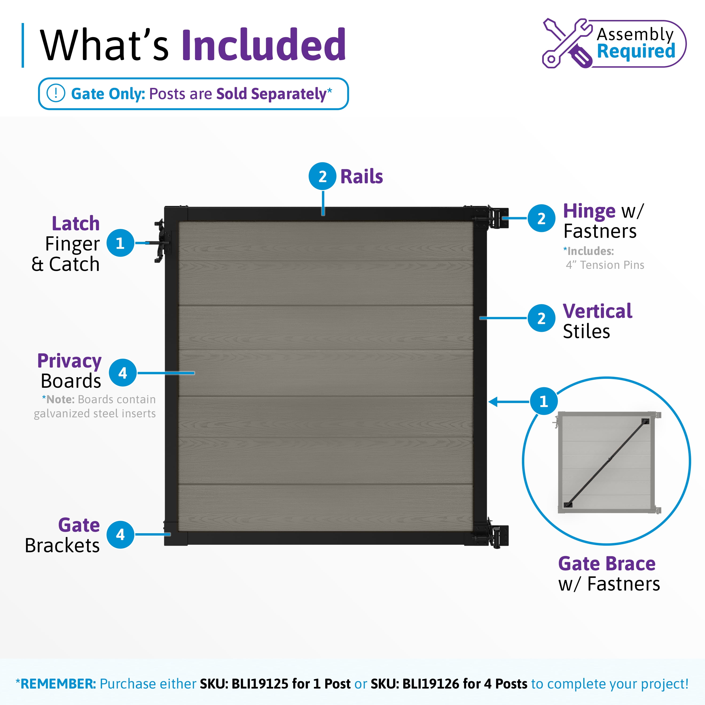 4ft H x 4ft W WamBam Privacy Fence Gate, Composite Fence Gate Kit with Aluminum Frame, Woodgrain Boards, No-Dig Install, UV Resistant Outdoor Gate for Backyard Patio or Pool, Slate Grey BL19119