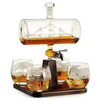 Whiskey Decanter Globe Set with 4 Etched Whiskey Glasses - for Liquor Bourbon Vodka, Gifts For Men - 1250ml Ship Sails Set for Home Bar, Bourbon, Birthday Gift for Dad