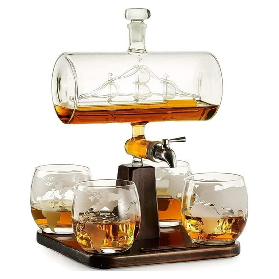 Whiskey Decanter Globe Set with 4 Etched Whiskey Glasses - for Liquor Bourbon Vodka, Gifts For Men - 1250ml Ship Sails Set for Home Bar, Bourbon, Birthday Gift for Dad