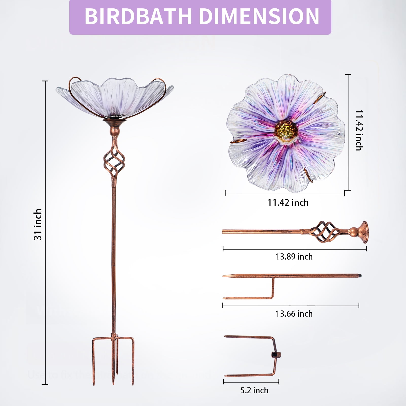 Outdoor Bird Bath,Flower-Shaped Glass Bird Bath, Metal Stand,Decorative Outdoor Garden Bird Feeder for Attracting Birds,Purple