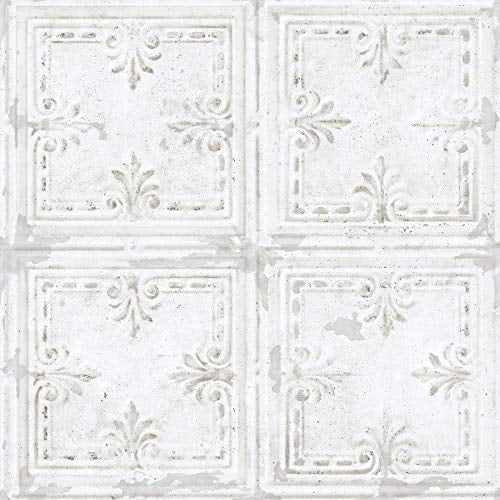 RoomMates RMK11209WP White Tin Tile Metallic Accent Peel and Stick Wallpaper