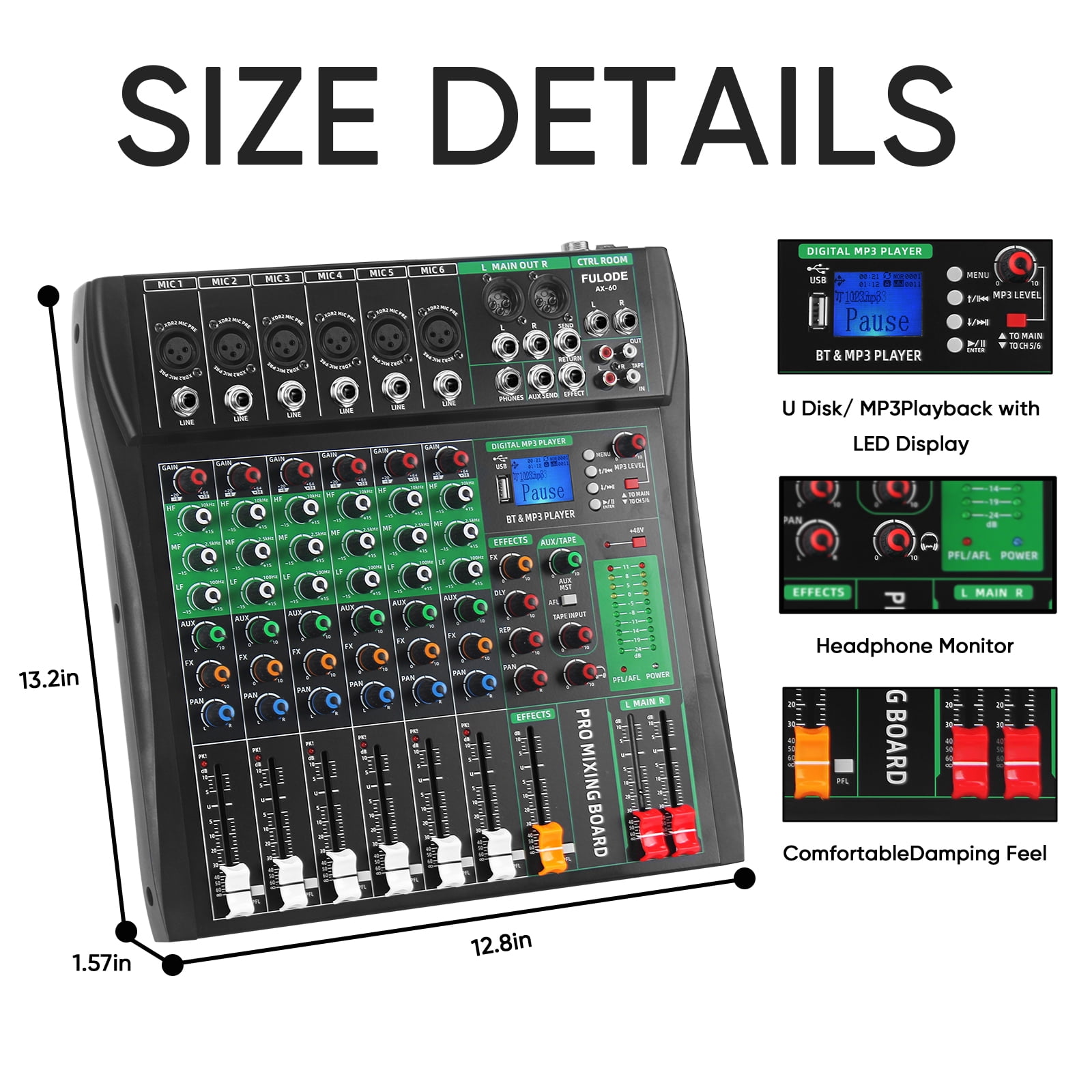 6 Channel Audio Mixer, Professional DJ Mixer Board Sound Music Mixing Console Digital Mixer with Reverb, Bluetooth, USB Port, 48V Phantom Power for Recording Karaoke Podcasting