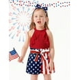 thumbnail image 2 of Toddler Girl Clothes Summer Silk Scarf Sets Sleeveless T-shirt Top+Stripe Shorts+Headband 3Pcs Set, 2 of 7