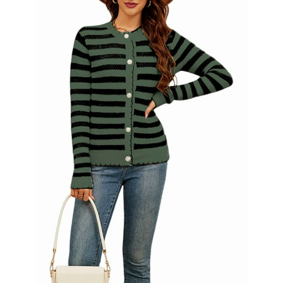 Women'S Cardigan Sweaters Striped Open Front Button Down Knitted Coat Cropped Fall Outwear Green & Black XL