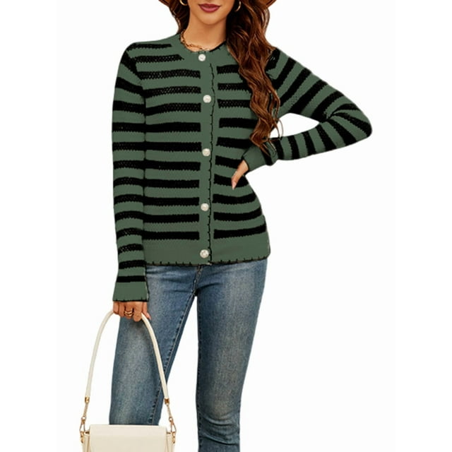 Suéteres Tipo Cárdigan para Mujer, de Rayas, con Botones Al Frente, de Punto, Abrigo Corto de Otoño. Verde y Negro S
