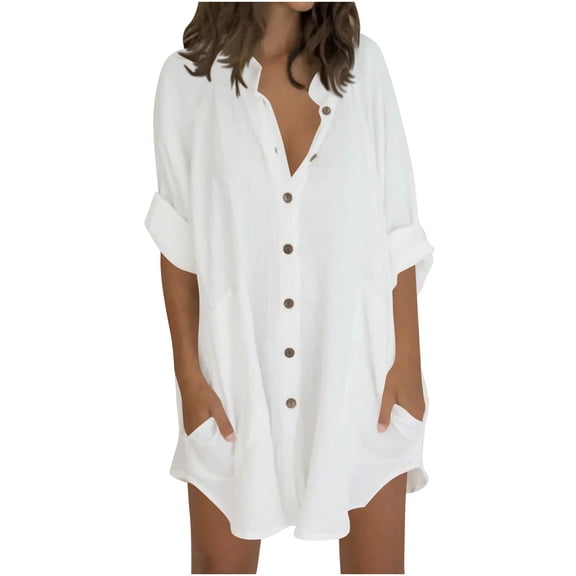 Women Cotton Linen Button Down Shirts V Neck Bathing Suit Cover Up Loose Fit Oversized Casual Tops with Pockets