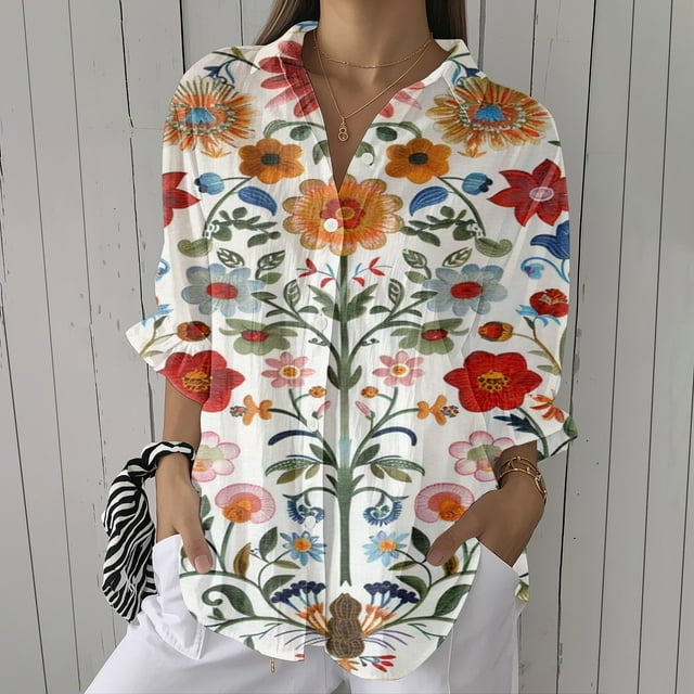 YLHFASHION Chemise à Imprimé Floral Rétro pour Femmes, Imprimé Géométrique Abstrait, Chemise à Imprimé Artistique, Chemise Décontractée à Imitation Ligne, Col en V, Articles en Liquidation, Chemises pour Femmes
