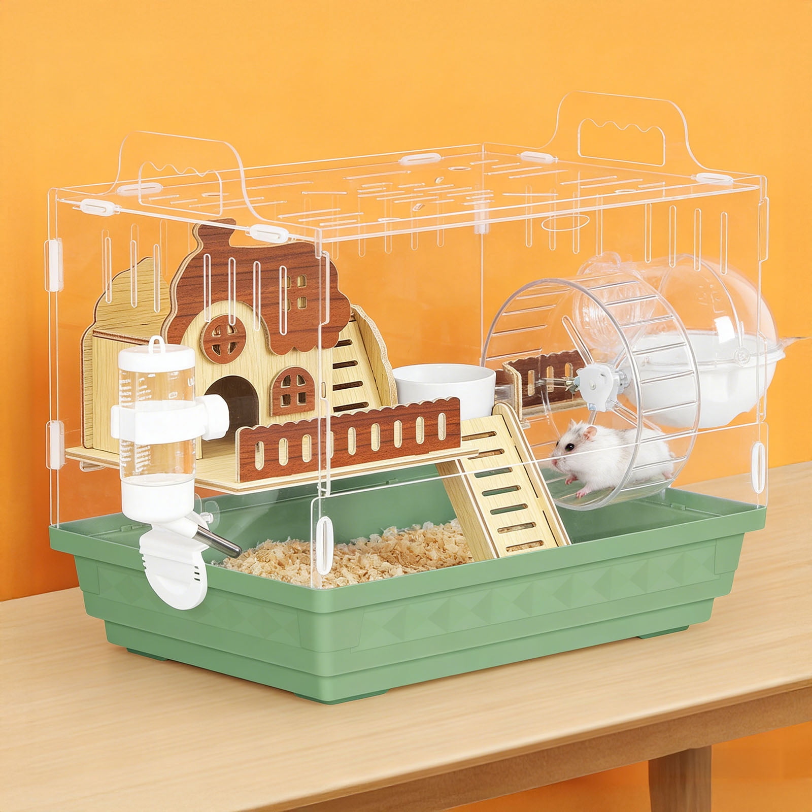 Acrylic Hamster Cage Starter Kit, Small Animal Habitat with Wheel, Water Bottle, Food Bowl, Small Hamster Habitat 360 Viewing, Hideout & Staircase,  for Dwarf, Guinea Pig, Gerbils