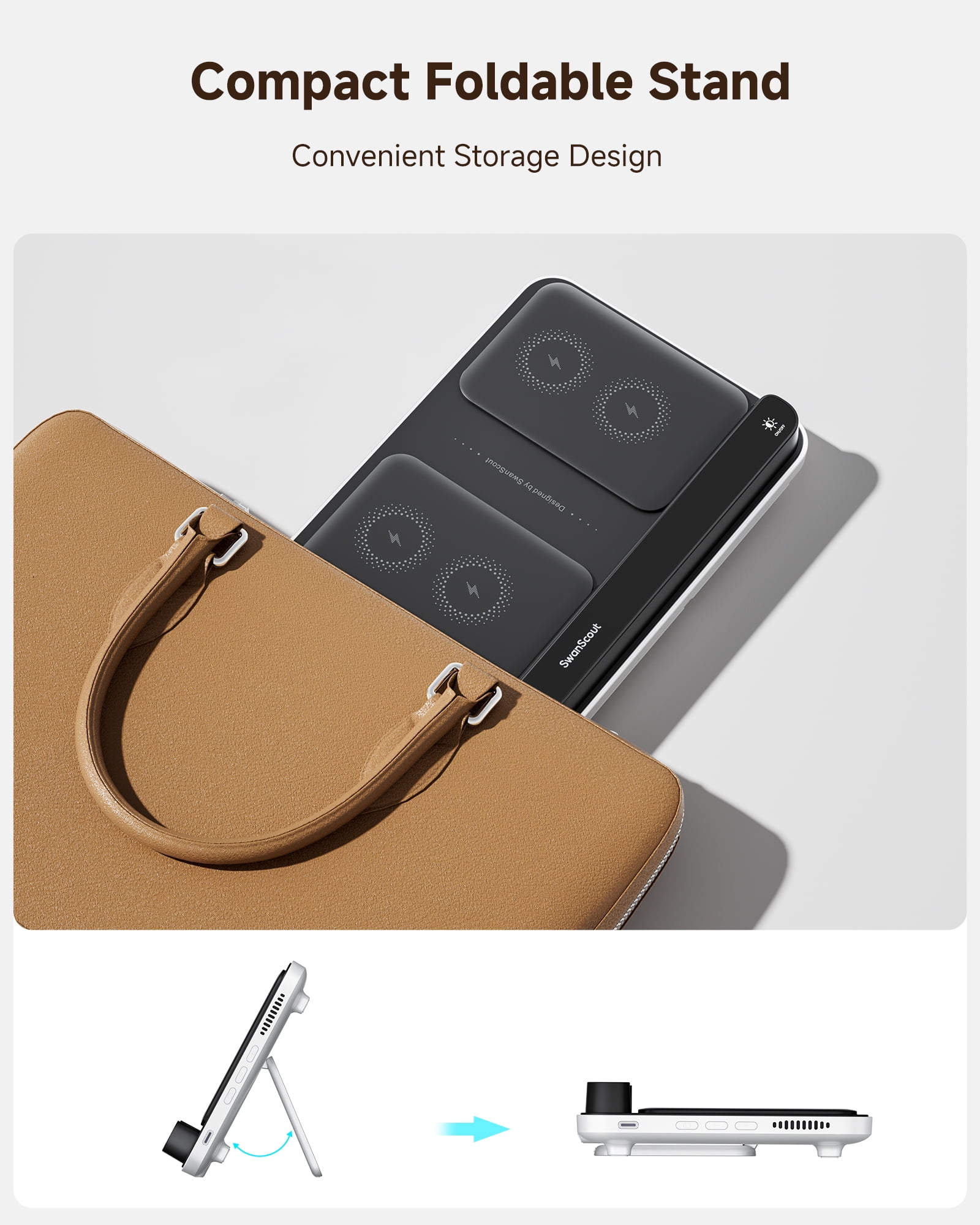 Dual Wireless Charger Stand for iPhone 17/Air/16/15/14 Series, for Samsung Galaxy S25/S24/S23/S22 Series, Android Phones, Foldable Wireless Charging for AirPods Pro 3/Galaxy Buds3 Pro, SwanScout 504