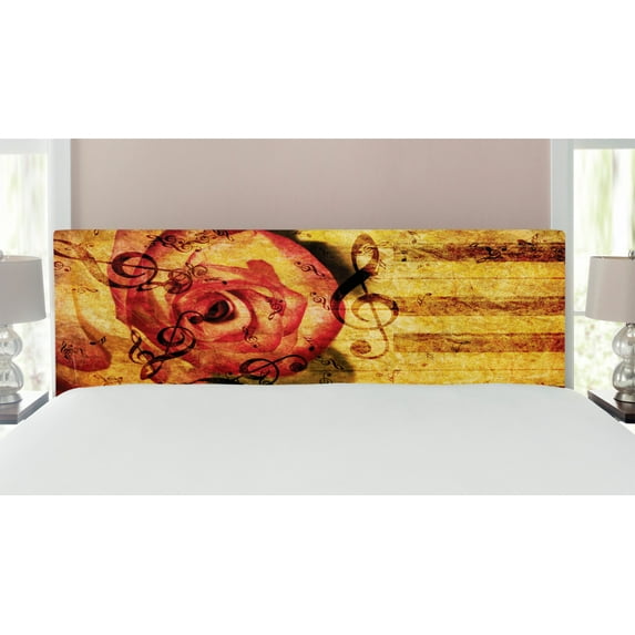 Rose Headboard, Vintage Background Piano Keyboard and Grand Majestic Flora Melodic Love Art Theme, Upholstered Decorative Metal Bed Headboard with Memory Foam, King Size, Cream Red, by Ambesonne