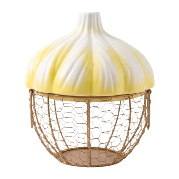 Soporte de cerámica, contenedor decorativo, cesta de hierro hueca tejida para huevos, almacenamiento de ajos. Amarillo