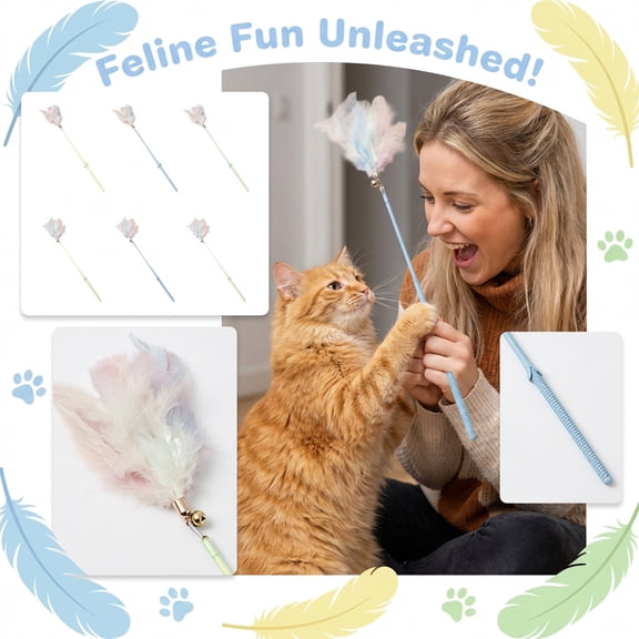 Feather Cat toys, Cat Wands for indoor Cats, 15 in Rigid Stick, Non Slip Ribbed Handle, Cat interactive toys, Cat Stuff for indoor Cats, Small Bell, 1 Pc (164 Chars)