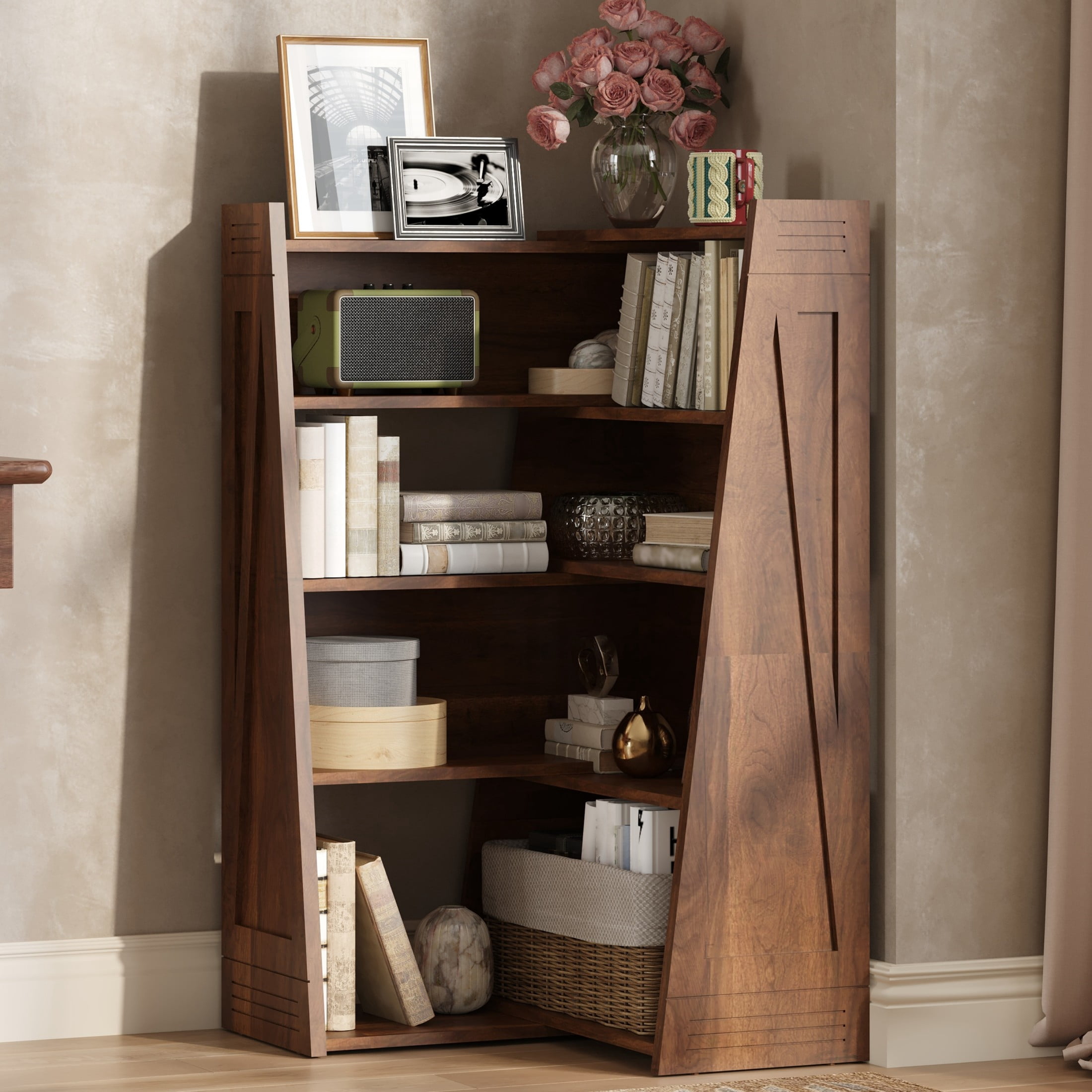 GDF Studio 47.17" Expandable 4-Tier L-Shaped Bookshelf, Adjustable 2-Piece Storage Rack, Brown