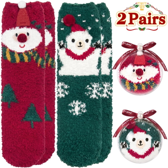 Loritta Secret 2 Pairs Women Fuzzy Socks, Christmas Cozy Fluffy Warm Winter Comfy Gift Socks for Women with Transparent Ball