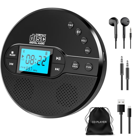 Jazmm CD Player Portable with Bluetooth 5.1, 2000mAh Rechargeable Discman, MP3/CD-R/USB Playback, Backlit LCD, Sleep Timer for Car, Home