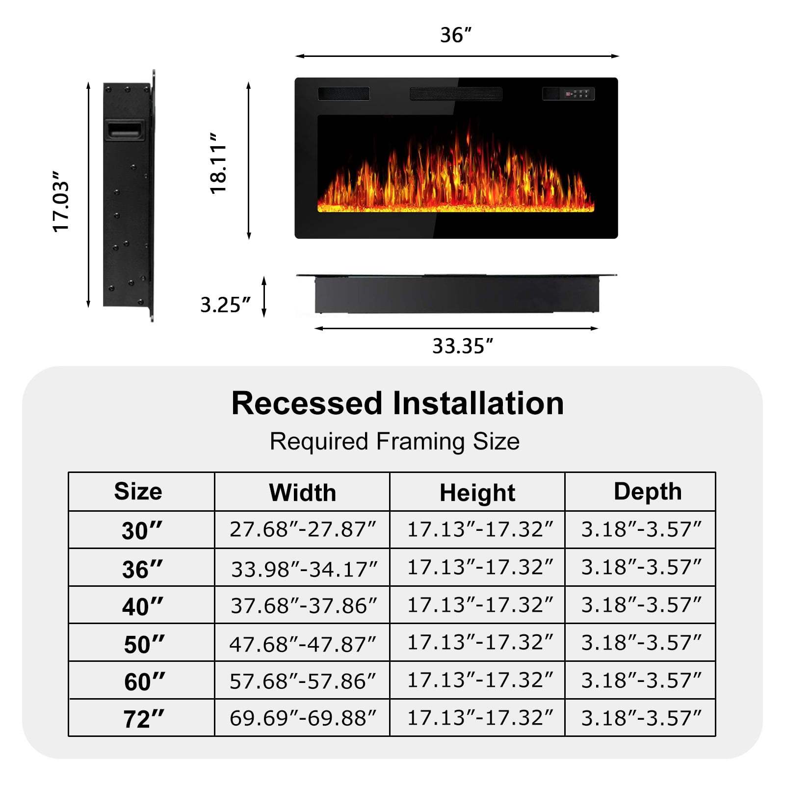 Waleaf 36” Electric Fireplace Ultra Thin Fireplace Heater, Recessed Wall Mounted Fireplace with Multicolor Flame & Remote Control