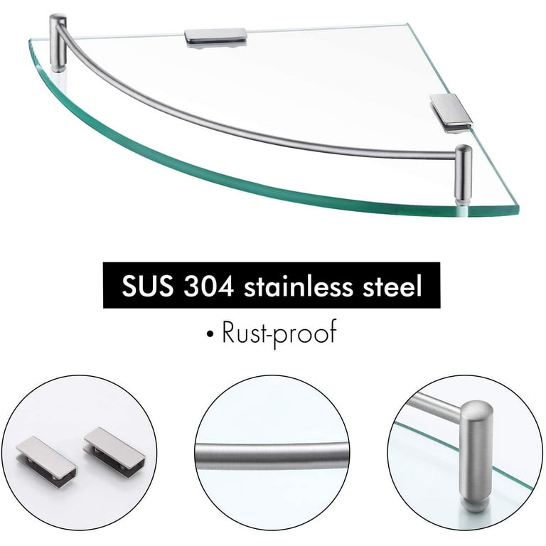 EFISH Glass Corner Shelf for Bathroom Corner Shower Shelf Tempered Glass Shelf with Rail Sus 304 Stainless Steel Wall Mounted, Size: Small, Silver