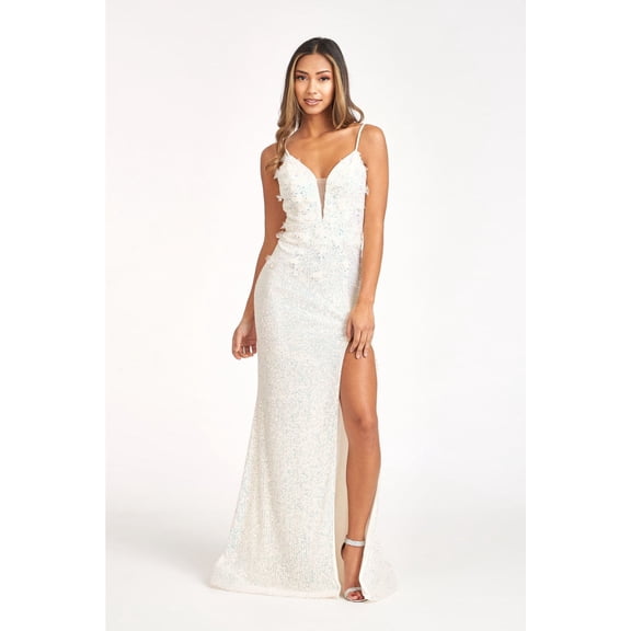 Women's Elizabeth K Embroidered Sequin Fitted Bodycon Gown Gl3055 Champagne Goldish Beige Size L