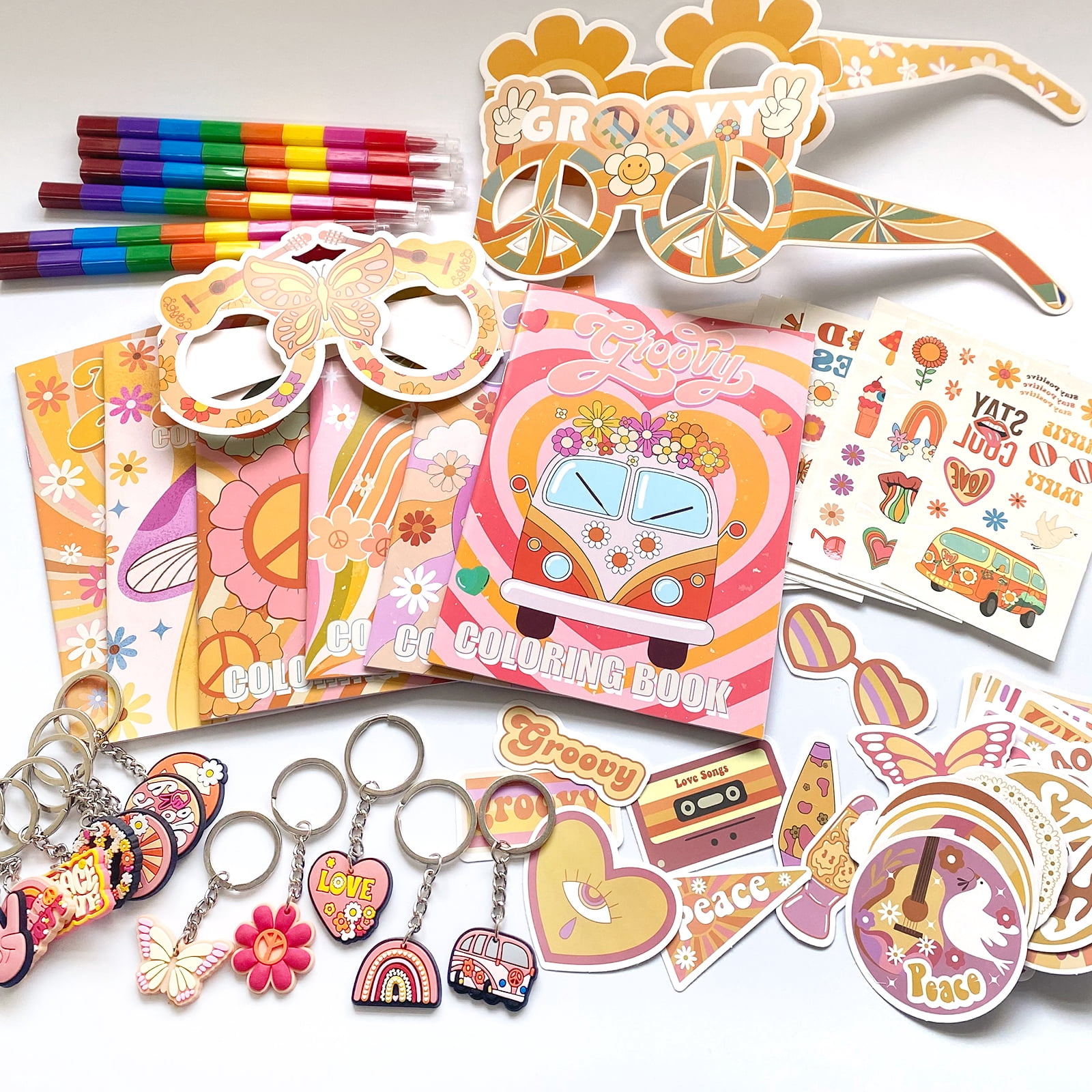 110PCS Groovy Boho Party Favors Groovy Coloring Books and Eight Color Crayons Funny Keychains Paper Glasses Stickers For Kids