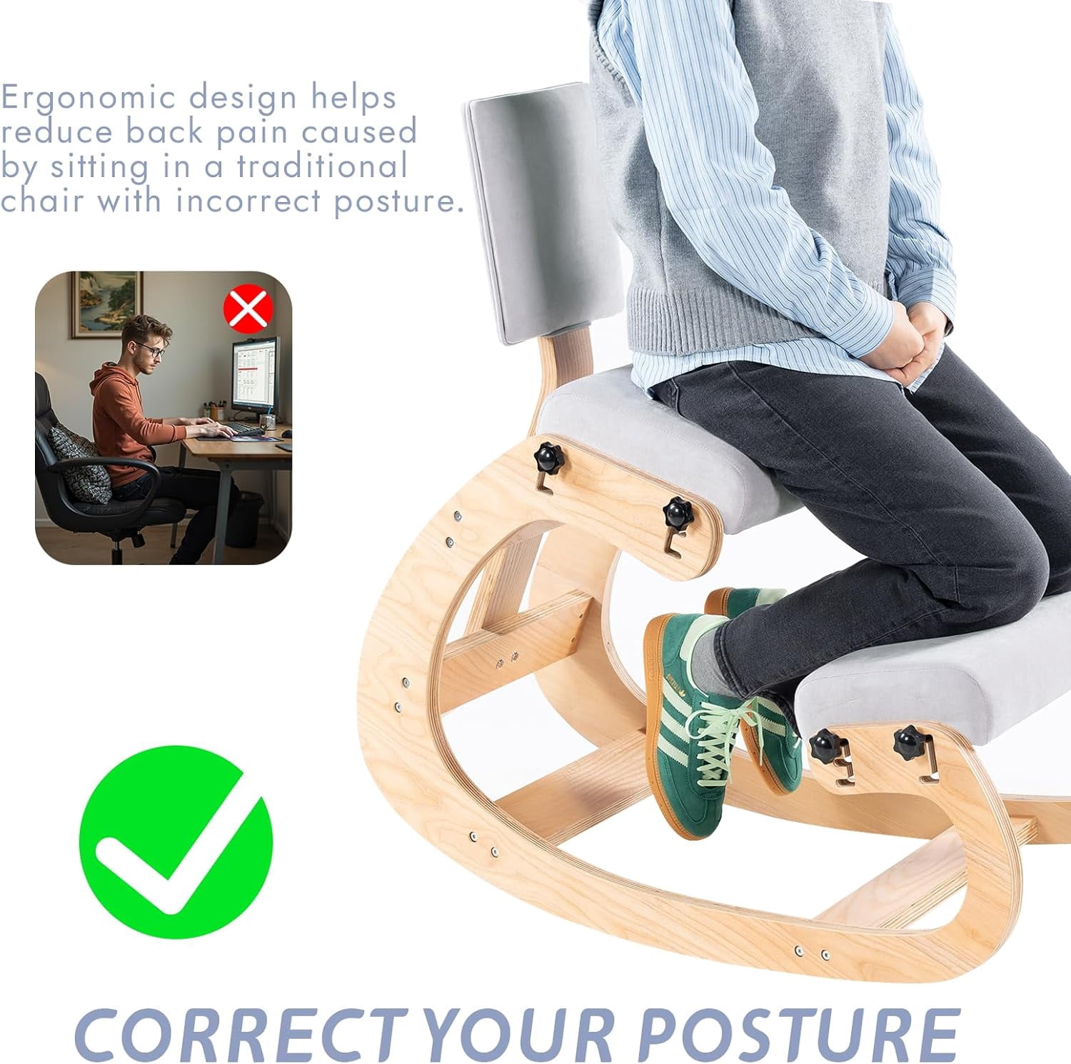 ANHDAH Ergonomic Kneeling Chair with Back Support Back Pain Relief for Oome, Office, Meditation, Study, and Cross-Legged Seating Gray