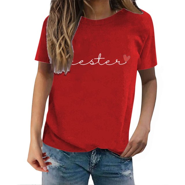 Prolriy Hauts d'Été pour Femmes 2025 T-Shirt Décontracté Imprimé Seester Manches Courtes Cadeau Amusant Pull d'Été Rouge m