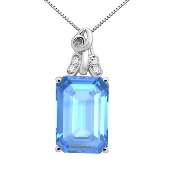 Mauli Jewels Engagement Necklace for Women 7.50 Carat Emerald Cut Blue Topaz and Diamond Pendant 4-prong 10K White Gold|Silver Chain