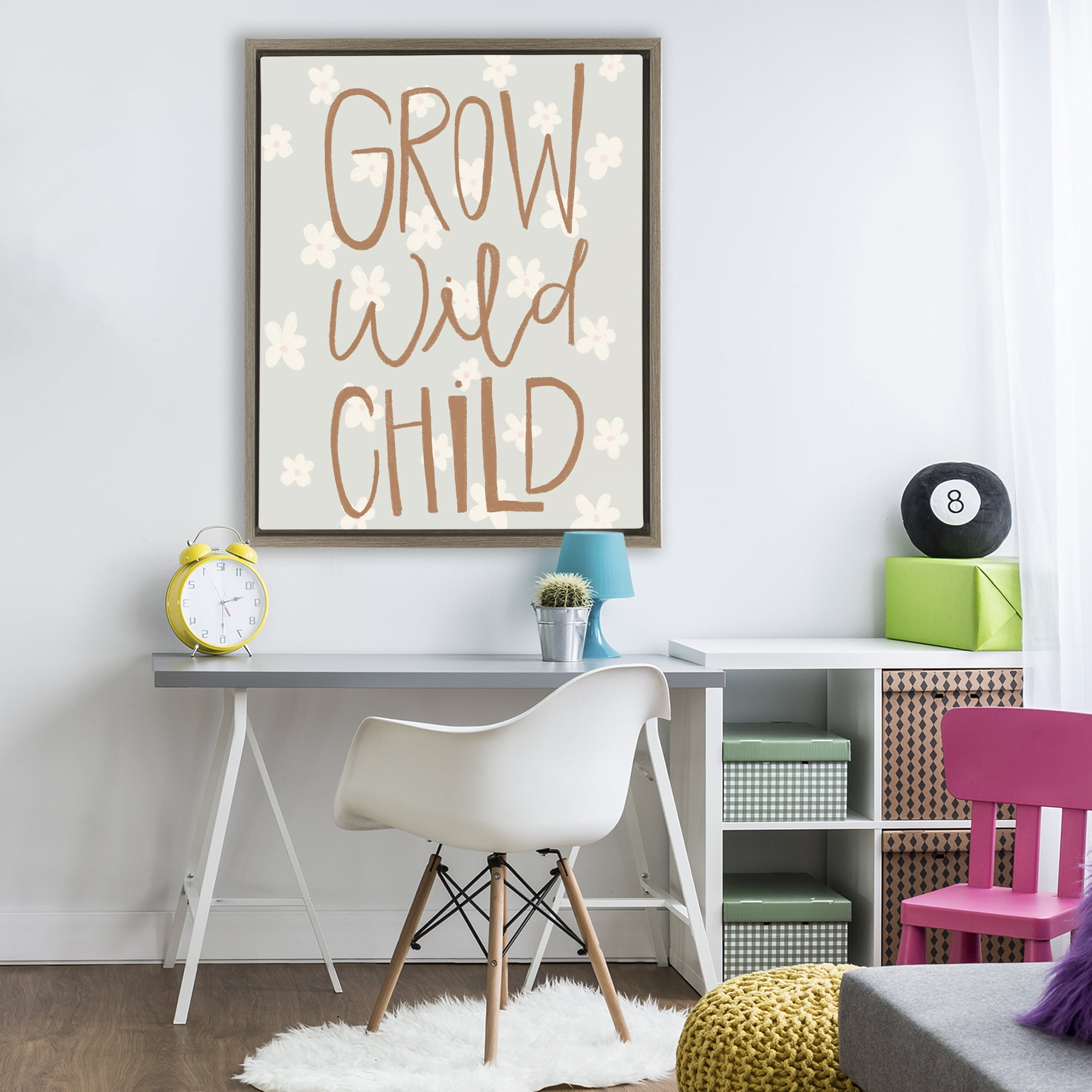 Grow Wild Child Flowers Brown Framed Floater Canvas Wall Art, design by Katie Griggs