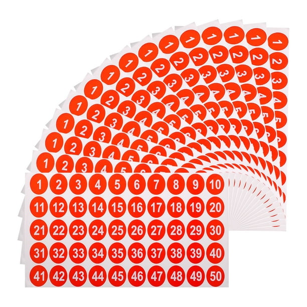 Uxcell 15 hojas de etiquetas redondas con números, etiquetas de números consecutivos del 1 al 50, rojas (1" cada una)