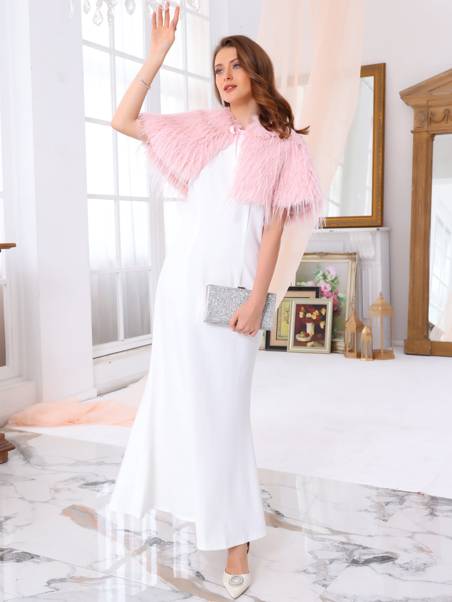 DARING DIVA Women's Faux Fur Bow Tie Neck Wedding Cardigan Shrug L Pink